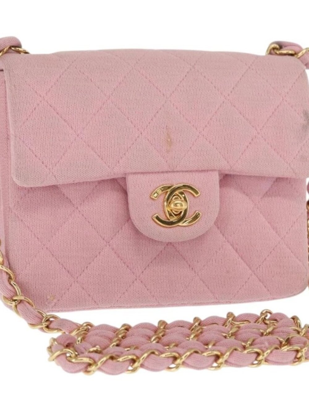 CHANEL Mini Matelasse 17 Chain Shoulder Bag Cotton Pink Gold CC Auth 159216
